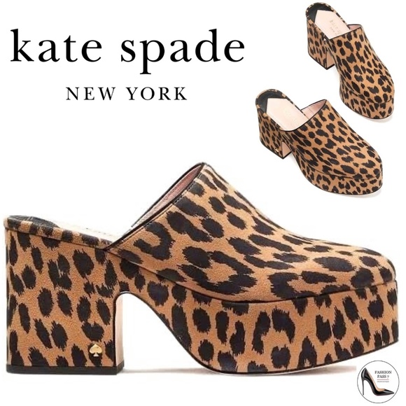 KATE SPADE Amelia Leopard Print Suede Platform Clogs Block Heel Mules Shoes 7.5 - Picture 1 of 12
